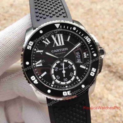 Swiss Quality Replica Calibre De Cartier Diver Steel Black Rubber Watch